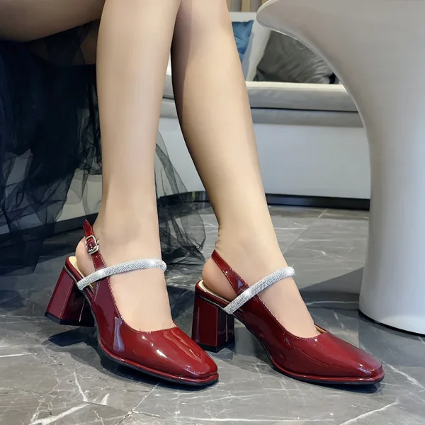 Vintage / Retro Black Street Wear Rhinestone Womens Shoes 2023 6 cm Thick Heels Square Toe Womens Shoes