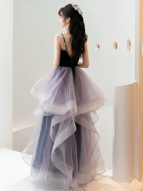 Fashion Navy Blue Cascading Ruffles Prom Dresses 2022 Ball Gown Spaghetti Straps Sleeveless Backless Floor-Length / Long Formal Dresses