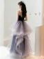 Fashion Navy Blue Cascading Ruffles Prom Dresses 2022 Ball Gown Spaghetti Straps Sleeveless Backless Floor-Length / Long Formal Dresses
