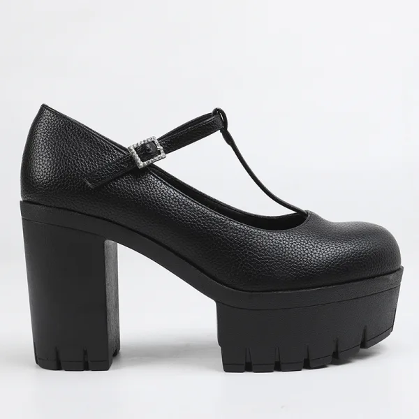 Fashion White Street Wear Waterproof Womens Shoes 2023 10 cm Thick Heels T-Strap Round Toe Womens Shoes