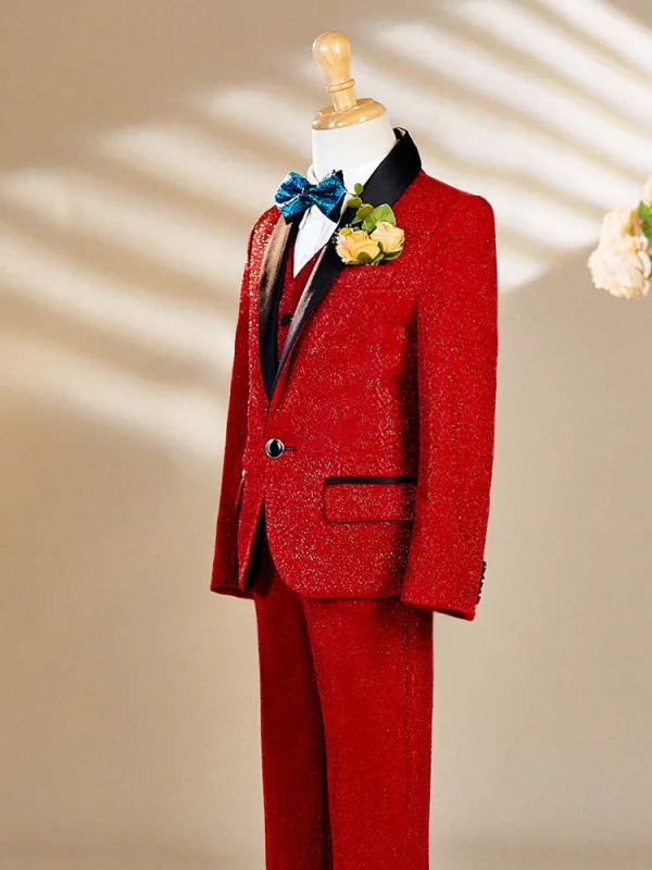 Fall Winter Red Glitter 6-piece Long Sleeve Boys Wedding Suits 2025 Body Jewellery Coat Necklace Pants Shirt Tie