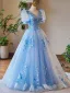 Chic / Beautiful Sky Blue Appliques Lace Flower Prom Dresses 2024 Ball Gown V-Neck Short Sleeve Backless Floor-Length / Long Prom Formal Dresses