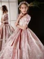 Elegant Blushing Pink Glitter Birthday Flower Girl Dresses 2024 Ball Gown Square Neckline Short Sleeve Bow Sash Floor-Length / Long