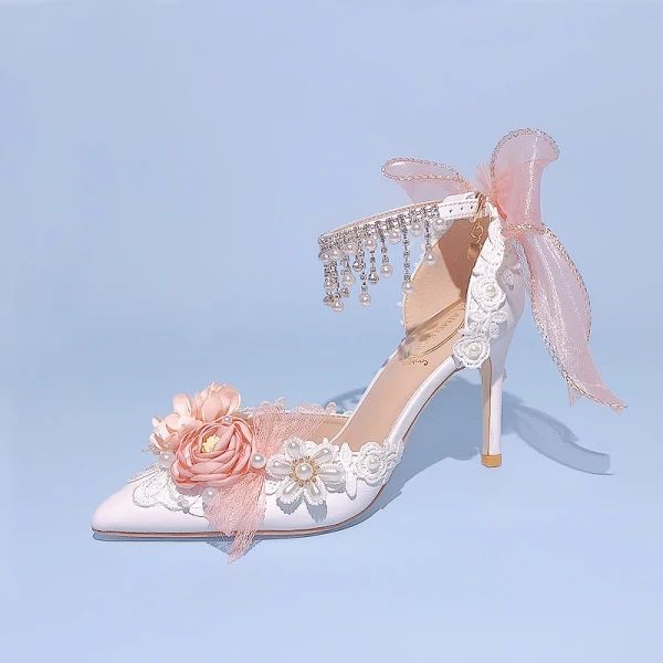 Schön Weiß Applikationen Schleife Brautschuhe 2023 Perle Strass Knöchelriemen 9 cm Stilettos Spitzschuh Hochzeit Sandaletten Hochhackige