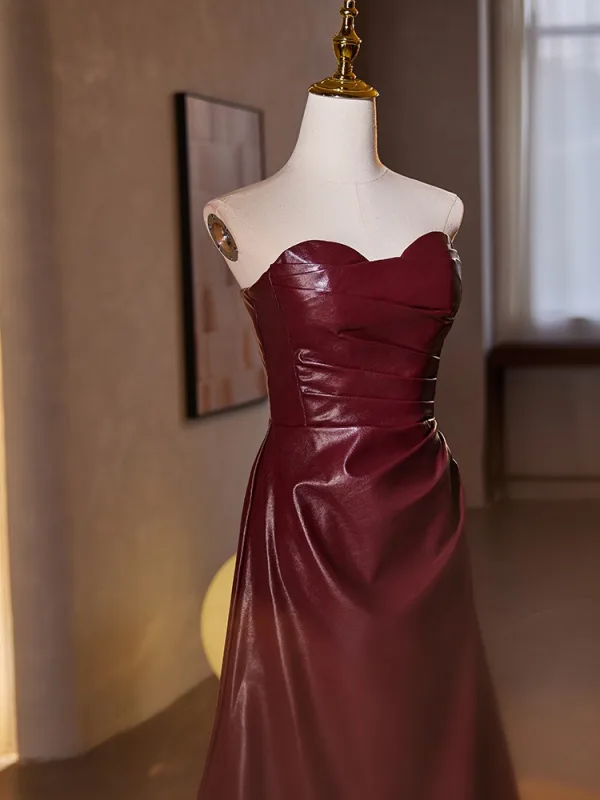Sexy Burgundy Evening Dresses 2024 A-Line / Princess Strapless Sleeveless Backless Floor-Length / Long Evening Party Formal Dresses