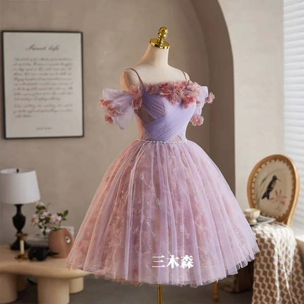 Charmant Lavande Paillettes Appliques Courte Robe De Fête 2025 Robe Boule Bretelles Spaghetti Sans Manches Dos Nu Tulle Soirée Robe De Ceremonie