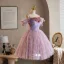 Charmant Lavande Paillettes Appliques Courte Robe De Fête 2025 Robe Boule Bretelles Spaghetti Sans Manches Dos Nu Tulle Soirée Robe De Ceremonie