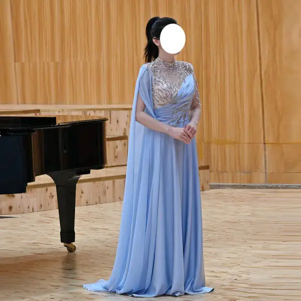 Chinesischer Stil Lavendel Perlenstickerei Pailletten Ballkleider 2026 A Linie Stehkragen Lange Ärmel Sweep / Pinsel Zug Festliche Kleider