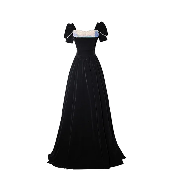 Chic / Beautiful Black Suede Evening Dresses 2023 A-Line / Princess Velour Square Neckline Sequins Short Sleeve Backless Floor-Length / Long Evening Party Formal Dresses