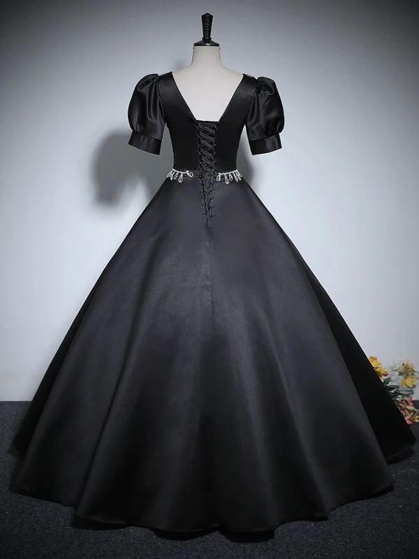 Vintage / Retro Black Rhinestone Satin Prom Dresses 2024 Ball Gown V-Neck Short Sleeve Backless Floor-Length / Long Prom Formal Dresses