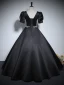 Vintage / Retro Black Rhinestone Satin Prom Dresses 2024 Ball Gown V-Neck Short Sleeve Backless Floor-Length / Long Prom Formal Dresses