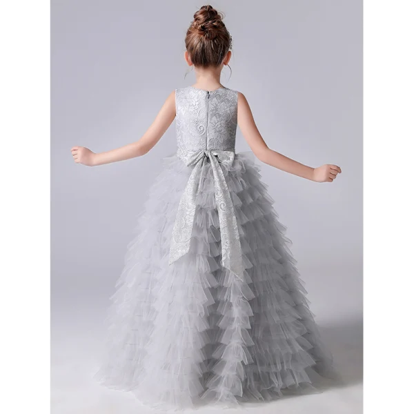 Chic / Beautiful Grey Cascading Ruffles Birthday Flower Girl Dresses 2022 A-Line / Princess Scoop Neck Sleeveless Bow Sash Floor-Length / Long Flower Girl Dresses