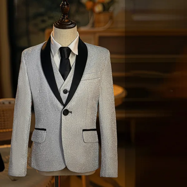 Mode 6 pièces Manches Longues Argenté Costume Garçon Mariage 2025 Bijoux De Corps Manteau Pantalon Chemise Cravate Gilet Mariage