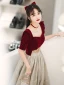 Chic / Beautiful Burgundy Suede Homecoming Graduation Dresses 2022 A-Line / Princess Square Neckline Short Sleeve Backless Floor-Length / Long Formal Dresses
