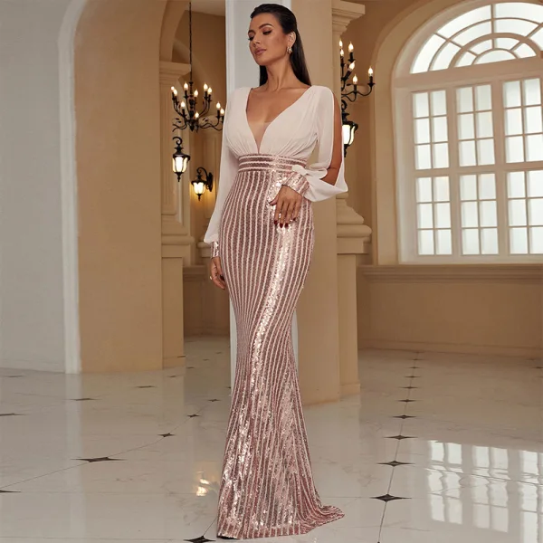 Audrey Hepburn Style White Sequins Holiday Evening Dresses 2022 Trumpet / Mermaid V-Neck Long Sleeve Floor-Length / Long Evening Party Formal Dresses