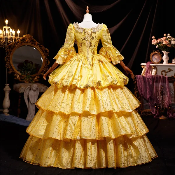 High-end Medieval Vintage / Retro Gold Cascading Ruffles Sequins Lace Flower Prom Dresses 2025 Ball Gown Square Neckline Bell sleeves Backless Floor-Length / Long