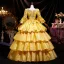 High-end Medieval Vintage / Retro Gold Cascading Ruffles Sequins Lace Flower Prom Dresses 2025 Ball Gown Square Neckline Bell sleeves Backless Floor-Length / Long