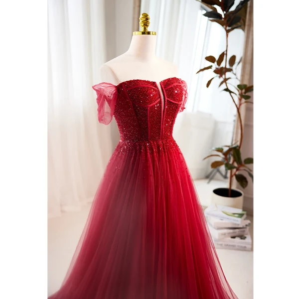 Charming Burgundy Beading Sequins Evening Dresses 2023 A-Line / Princess Off-The-Shoulder Short Sleeve Backless Floor-Length / Long Evening Party Formal Dresses