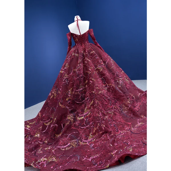 High-end Vintage / Retro Burgundy Handmade  Sequins Lace Flower Prom Dresses 2023 Ball Gown Halter 3/4 Sleeve Backless Chapel Train Formal Dresses