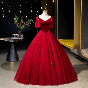 Vintage Originale Bordeaux Perlage Paillettes Robe De Bal 2023 Robe Boule Velours V Cou Manches Courtes Dos Nu Longue Promo Robe De Ceremonie