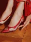 Chinese style Red Embroidered Satin Wedding Shoes 2026 5 cm Thick Heels Pointed Toe Wedding Pumps High Heels