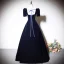 Élégant Bleu Marine Daim Robe De Bal 2023 Princesse Encolure Carrée Faux Diamant Manches Courtes Dos Nu Noeud Longue Promo Robe De Ceremonie