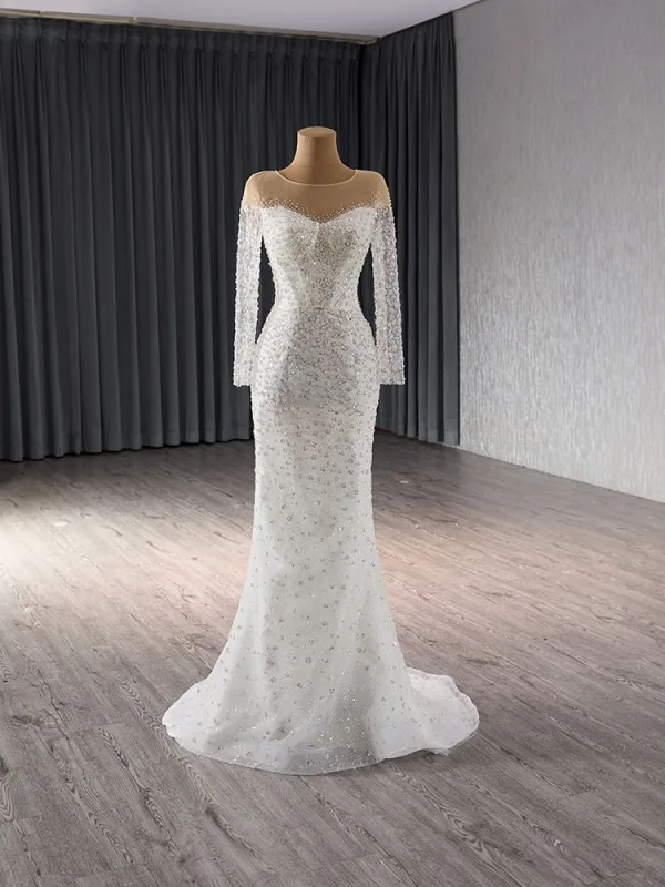High-end White Handmade  Beading Sequins Wedding Dresses 2024 Trumpet / Mermaid Scoop Neck Long Sleeve Court Train Wedding