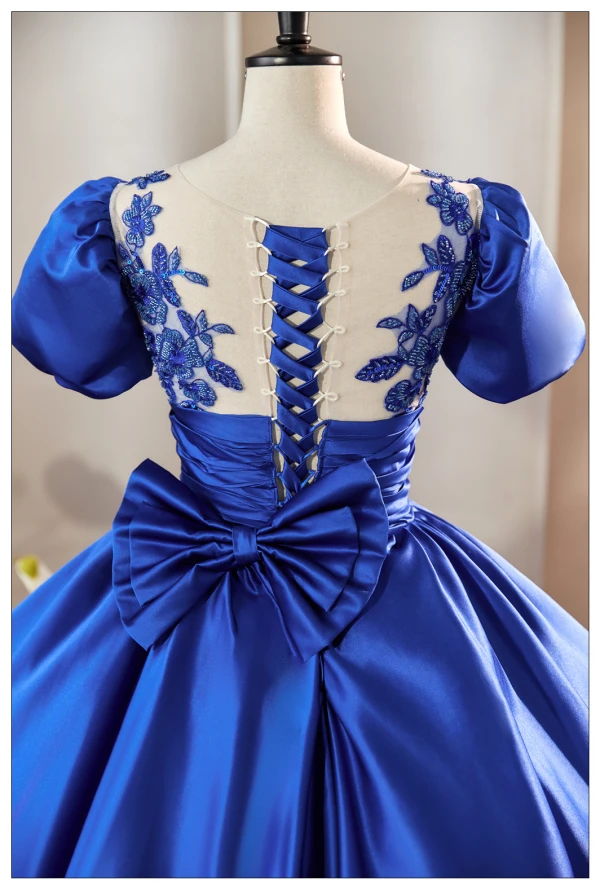 Vintage / Retro Royal Blue Prom Dresses 2024 Beading Sequins Lace Flower Satin Ball Gown Scoop Neck Short Sleeve Bow Formal Dresses
