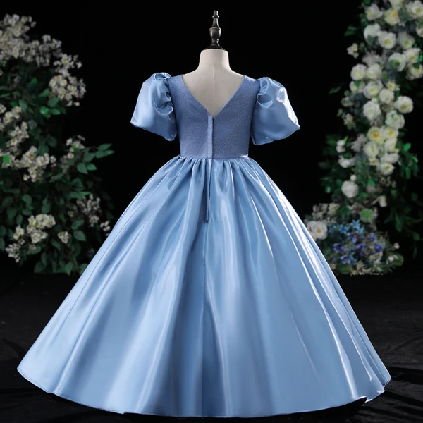Chic / Belle Bleu Paillettes Soirée Robe Ceremonie Fille 2022 Robe Boule Satin Encolure Carrée Gonflée Manches Courtes Dos Nu Longue Robe Ceremonie Fille