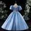 Chic / Belle Bleu Paillettes Soirée Robe Ceremonie Fille 2022 Robe Boule Satin Encolure Carrée Gonflée Manches Courtes Dos Nu Longue Robe Ceremonie Fille
