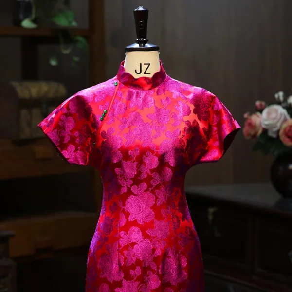 Chinese style Fuchsia Printing Tea-length Silk Evening Party Cheongsam 2026 Trumpet / Mermaid High Neck Short Sleeve