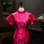 Chinese style Fuchsia Printing Tea-length Silk Evening Party Cheongsam 2026 Trumpet / Mermaid High Neck Short Sleeve
