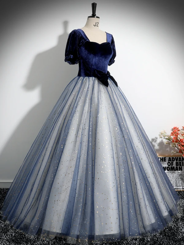 Élégant Bleu Marine Étoile Paillettes Noeud Robe De Bal 2024 Robe Boule Encolure Carrée Manches Courtes Dos Nu Longue Promo Robe De Ceremonie
