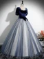 Élégant Bleu Marine Étoile Paillettes Noeud Robe De Bal 2024 Robe Boule Encolure Carrée Manches Courtes Dos Nu Longue Promo Robe De Ceremonie