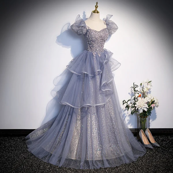 Fashion Grey Beading Sequins Prom Dresses 2023 A-Line / Princess Square Neckline Puffy Short Sleeve Backless Floor-Length / Long Prom Formal Dresses