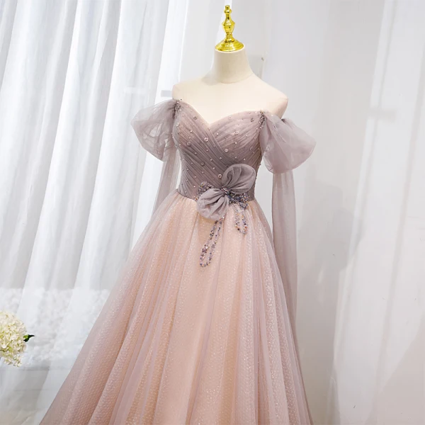 Mooie / Prachtige Oud Roze Rhinestone Pailletten Galajurken 2022 A lijn Uit De Schouder Korte Mouwen Ruglooze Strik Lange Gala Gelegenheid Jurken