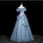 Chic / Beautiful Sky Blue Appliques Rhinestone Prom Dresses 2025 A-Line / Princess Off-The-Shoulder Short Sleeve Backless Floor-Length / Long Prom Formal Dresses