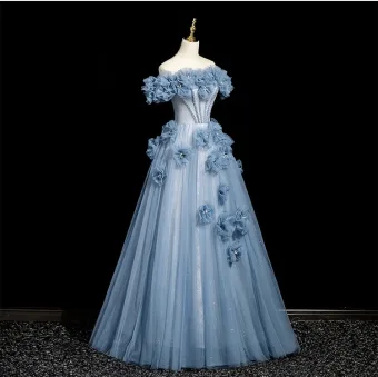 Schöne Himmelblau Applikationen Strass Ballkleider 2025 A Linie Off Shoulder Kurze Ärmel Rückenfreies Lange Ball Festliche Kleider