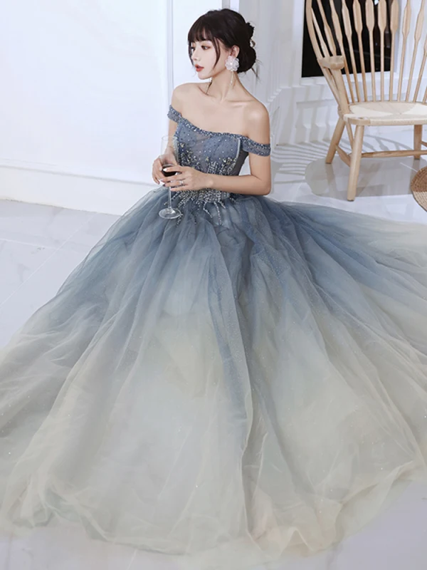 Chic / Beautiful Multi-Colors Ocean Blue Prom Dresses 2022 A-Line / Princess Off-The-Shoulder Beading Sequins Sleeveless Backless Floor-Length / Long Prom Formal Dresses