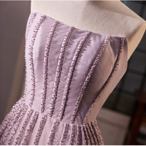Elegant Lavender Beading Cascading Ruffles Prom Dresses 2023 A-Line / Princess Strapless Sleeveless Backless Floor-Length / Long Prom Formal Dresses