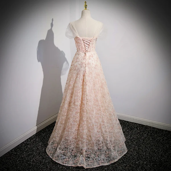 Chic / Beautiful Champagne Beading Sequins Prom Dresses 2023 A-Line / Princess Square Neckline Sleeveless Backless Floor-Length / Long Prom Formal Dresses