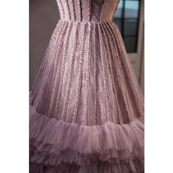 Elegant Lavender Beading Cascading Ruffles Prom Dresses 2023 A-Line / Princess Strapless Sleeveless Backless Floor-Length / Long Prom Formal Dresses