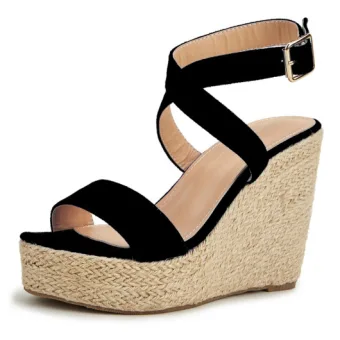 Chic Beautiful Black Street Wear Braid Womens Sandals 2022 Ankle Strap 11 Cm Wedges Open Peep Toe Sandals