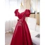 Elegant Burgundy Satin Prom Dresses 2022 A-Line / Princess Square Neckline Short Sleeve Rhinestone Bow Backless Floor-Length / Long Formal Dresses