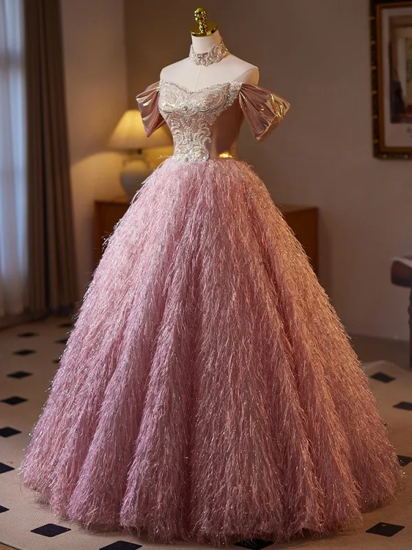 Charming Blushing Pink Beading Rhinestone Lace Flower Tassel Prom Dresses 2025 Ball Gown Off-The-Shoulder Short Sleeve Backless Floor-Length / Long Prom Formal Dresses