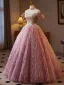Charming Blushing Pink Beading Rhinestone Lace Flower Tassel Prom Dresses 2025 Ball Gown Off-The-Shoulder Short Sleeve Backless Floor-Length / Long Prom Formal Dresses