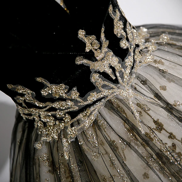 Vintage / Retro Black Glitter Sequins Prom Dresses 2023 Ball Gown Spaghetti Straps Short Sleeve Backless Floor-Length / Long Prom Formal Dresses