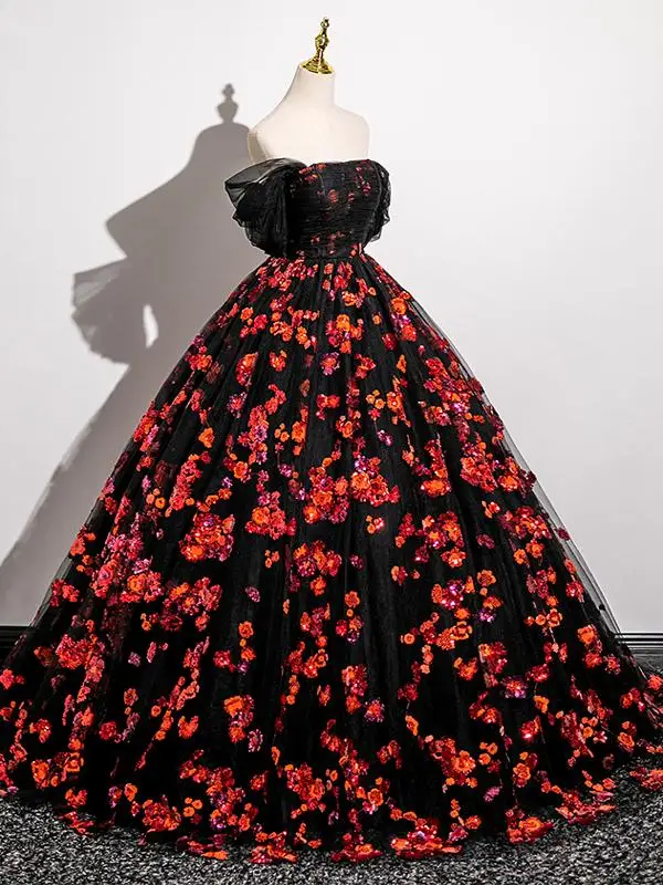 Elegant Black Sequins Prom Dresses 2025 Ball Gown Strapless Sleeveless Backless Floor-Length / Long Prom Formal Dresses