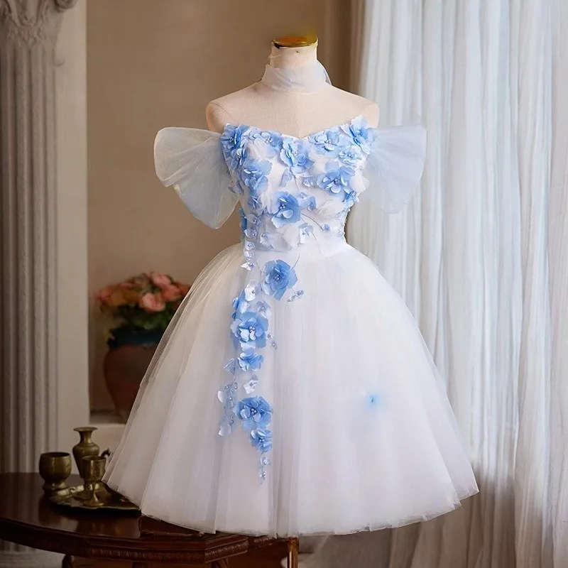 blue dress for baby girl Blue V-Neck Tulle Long A-Line Prom Dress, Blue Evening Graduation Dres main image 1
