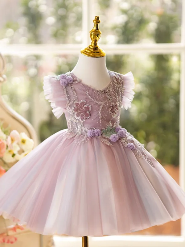 Schöne Rosa Perlenstickerei Applikationen Pailletten Kurze Geburtstag Blumenmädchenkleider 2024 Ballkleid Rundhalsausschnitt Ärmellos Rückenfreies Tülle